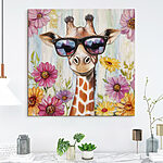 Canvas Schilderijen Giraffe met zonnebril en bloemen