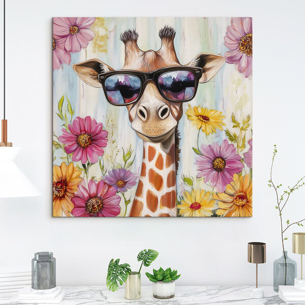 Giraffe met zonnebril en bloemen Canvas Schilderijen Giraffe met zonnebril en bloemen