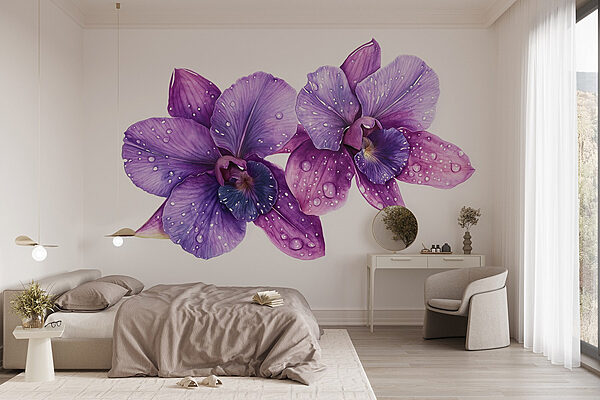 Paarse bloemen met waterdruppels erop Fotobehang Paarse bloemen met waterdruppels erop