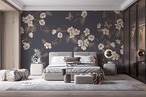 Witte bloemen en bladeren op een grijze achtergrond Fotobehang Witte bloemen en bladeren op een grijze achtergrond