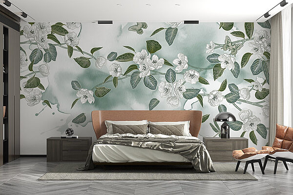 Witte bloemen en groene bladeren op een witte achtergrond Fotobehang Witte bloemen en groene bladeren op een witte achtergrond