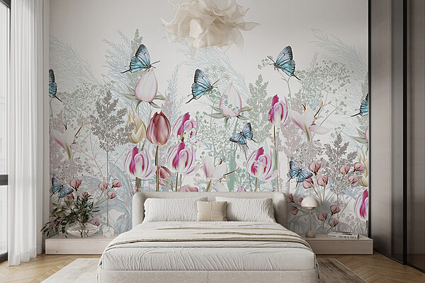 Fladderende schoonheid in een bloementuin Fotobehang Fladderende schoonheid in een bloementuin