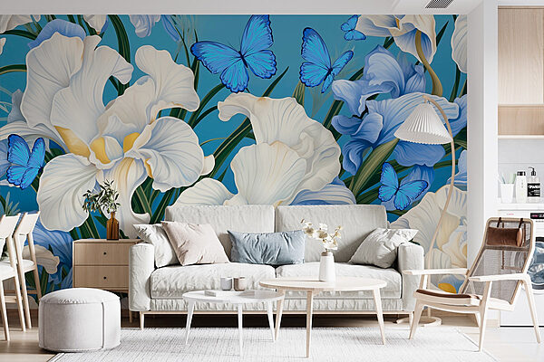 Florale elegantie met levendige vlinders Fotobehang Florale elegantie met levendige vlinders