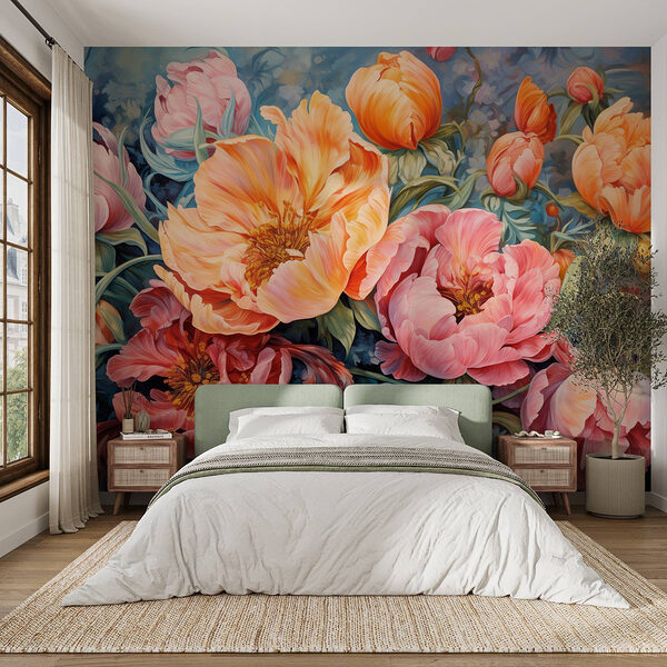 Wall murals Painting of flowers on a blue background Fotobehang Wall murals Painting of flowers on a blue background