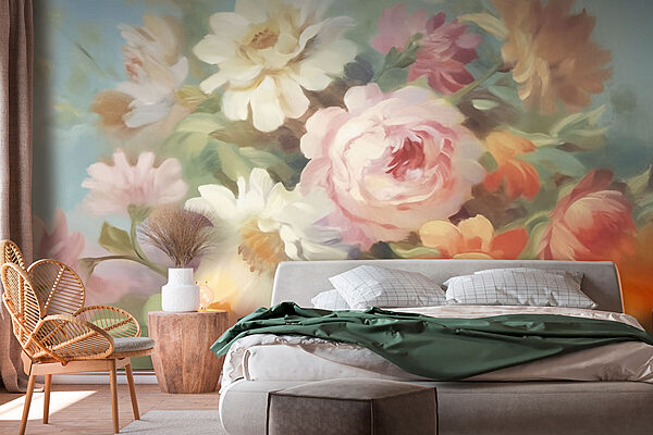 Schilderij van bloemen op een blauwe achtergrond Fotobehang Schilderij van bloemen op een blauwe achtergrond