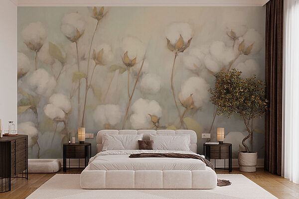 Schilderen van katoenen bloemen Fotobehang Schilderen van katoenen bloemen