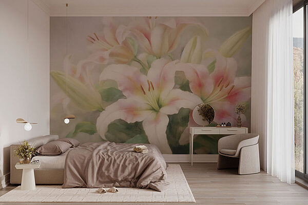 Schilderij van een groep roze bloemen Fotobehang Schilderij van een groep roze bloemen