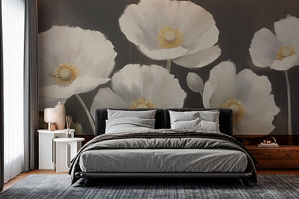 Schilderij van witte bloemen Fotobehang Schilderij van witte bloemen
