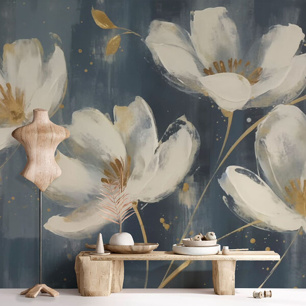 Schilderij van witte bloemen Fotobehang Schilderij van witte bloemen