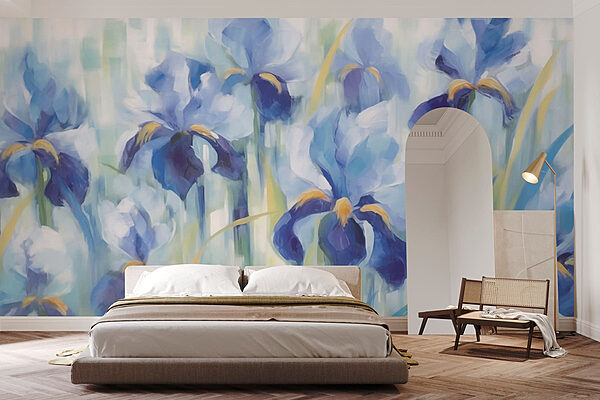 Schilderij van blauwe bloemen Fotobehang Schilderij van blauwe bloemen