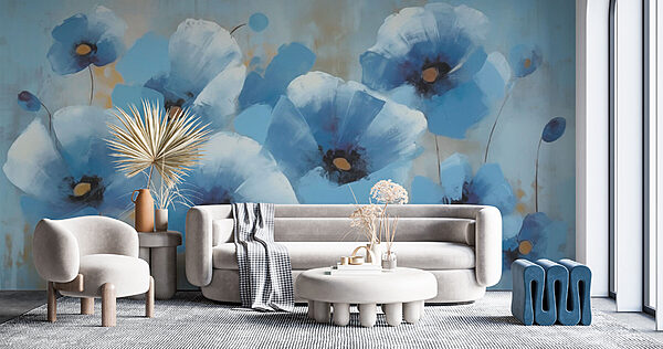 Schilderij van blauwe bloemen Fotobehang Schilderij van blauwe bloemen