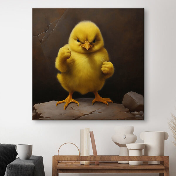 Geel kuiken op een rots Canvas Schilderijen Geel kuiken op een rots