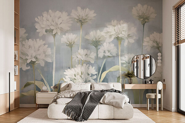 Schilderij van witte bloemen Fotobehang Schilderij van witte bloemen