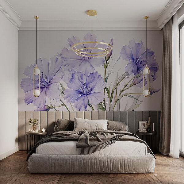 Schilderij van paarse bloemen Fotobehang Schilderij van paarse bloemen