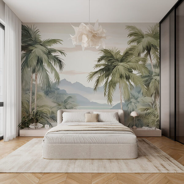Palmbomen en bergen op de achtergrond Fotobehang Palmbomen en bergen op de achtergrond