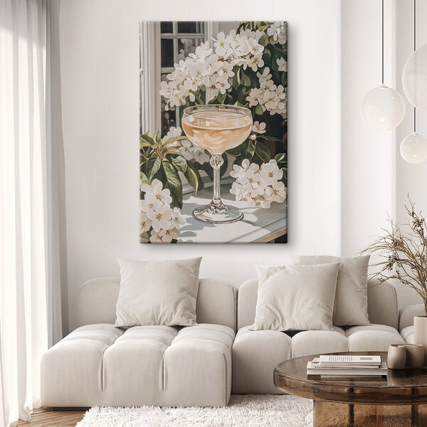 Glas wijn naast bloemen Canvas Schilderijen Glas wijn naast bloemen