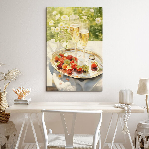 Dienblad met champagne en aardbeien Canvas Schilderijen Dienblad met champagne en aardbeien