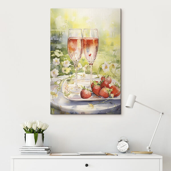 Aquarel schilderij van twee glazen champagne en aardbeien op een dienblad Canvas Schilderijen Aquarel schilderij van twee glazen champagne en aardbeien op een dienblad