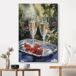 Canvas Schilderijen Twee glazen champagne en aardbeien op een dienblad