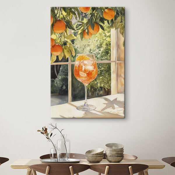 Glas sinaasappelsap met ijs en sinaasappels uit een raam Canvas Schilderijen Glas sinaasappelsap met ijs en sinaasappels uit een raam