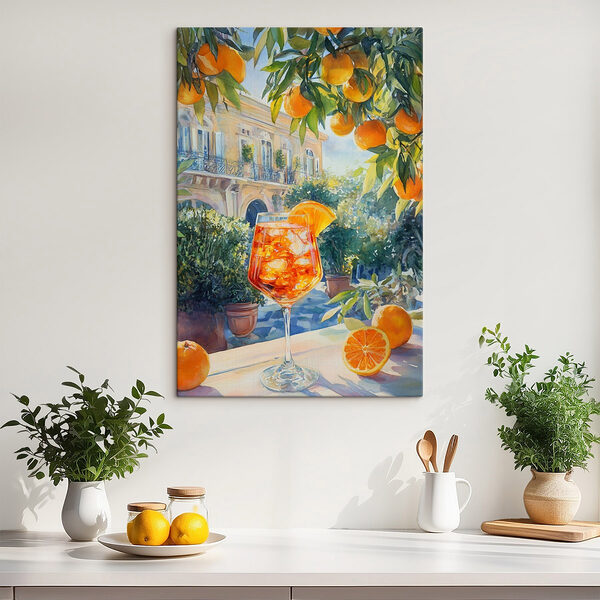 Glas sinaasappelsap met sinaasappels op de achtergrond Canvas Schilderijen Glas sinaasappelsap met sinaasappels op de achtergrond