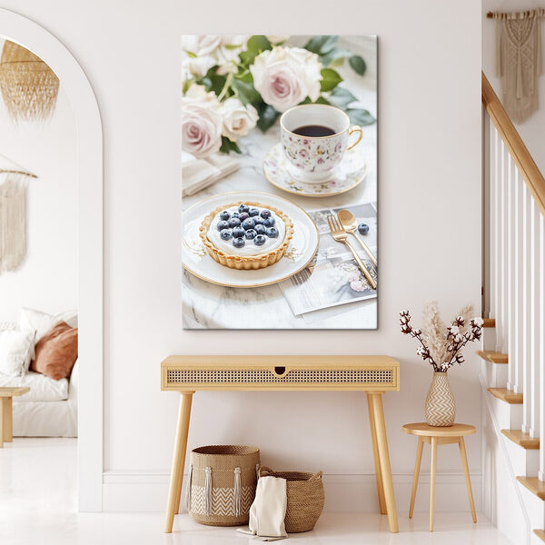 Dessert op een bord met een kopje koffie en bloemen Canvas Schilderijen Dessert op een bord met een kopje koffie en bloemen