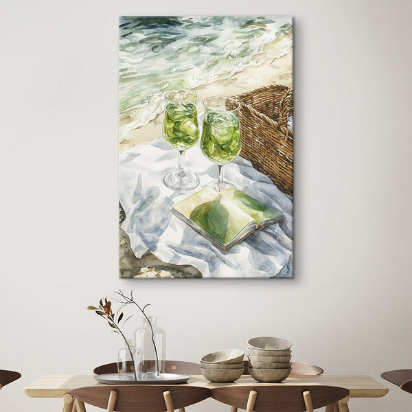 Aquarel van twee glazen wijn naast een picknickmand en een boek Canvas Schilderijen Aquarel van twee glazen wijn naast een picknickmand en een boek