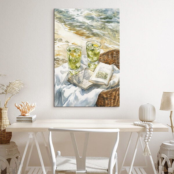 Aquarel van twee glazen ijsthee en een boek op een deken op een strand Canvas Schilderijen Aquarel van twee glazen ijsthee en een boek op een deken op een strand