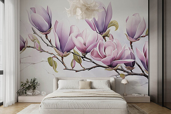 Tak met paarse bloemen Fotobehang Tak met paarse bloemen