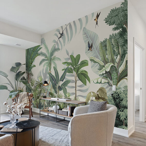 Behang met tropische planten en vogels Fotobehang Behang met tropische planten en vogels