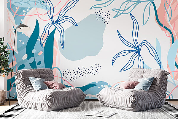 Blauw en roze bloemenpatroon Fotobehang Blauw en roze bloemenpatroon