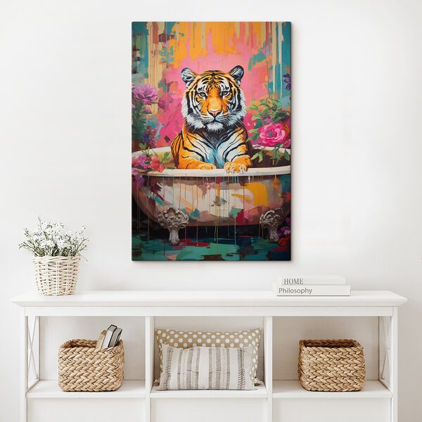 Schilderij van een tijger in een gebloemde kuip Canvas Schilderijen Schilderij van een tijger in een gebloemde kuip
