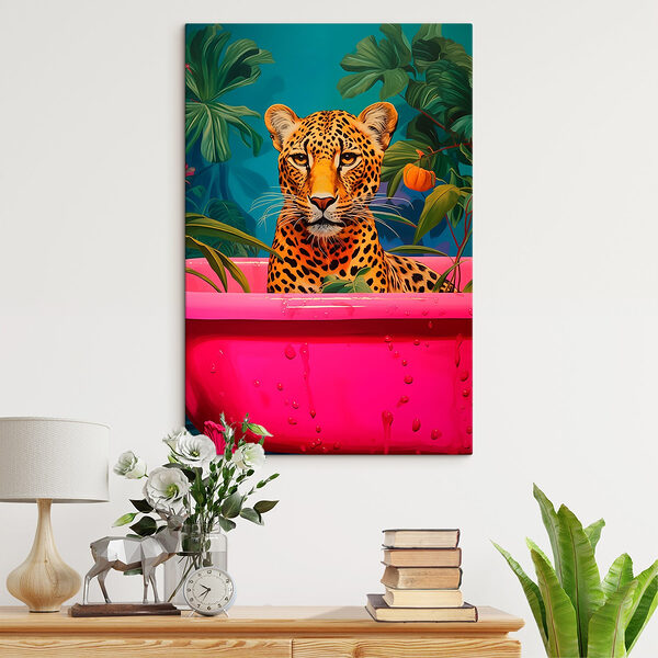 Cheetah in een roze bad met planten Canvas Schilderijen Cheetah in een roze bad met planten