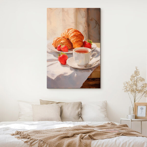Croissant en aardbeien op een bord Canvas Schilderijen Croissant en aardbeien op een bord
