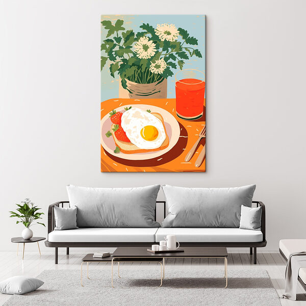 Bord eten met een sunny side up ei en aardbeien Canvas Schilderijen Bord eten met een sunny side up ei en aardbeien