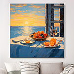 Canvas Schilderijen Schilderij van een mand fruit op een tafel met een glas wijn