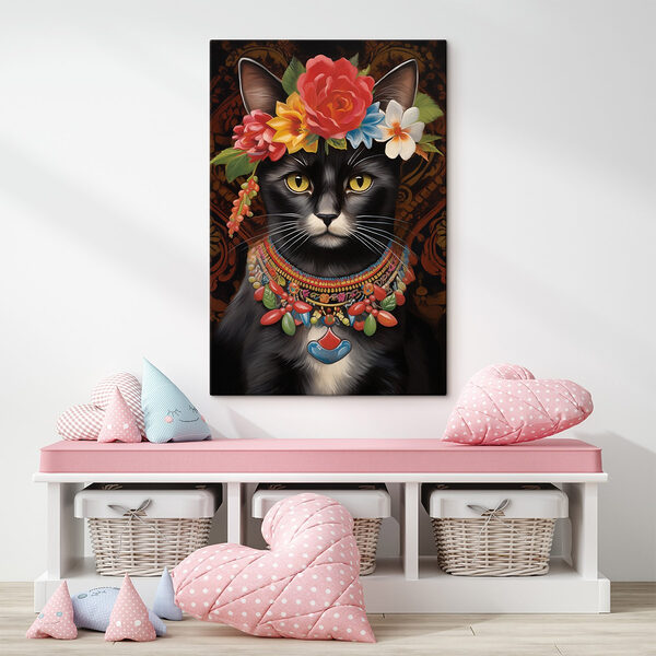 Kat met bloemenkroon Canvas Schilderijen Kat met bloemenkroon