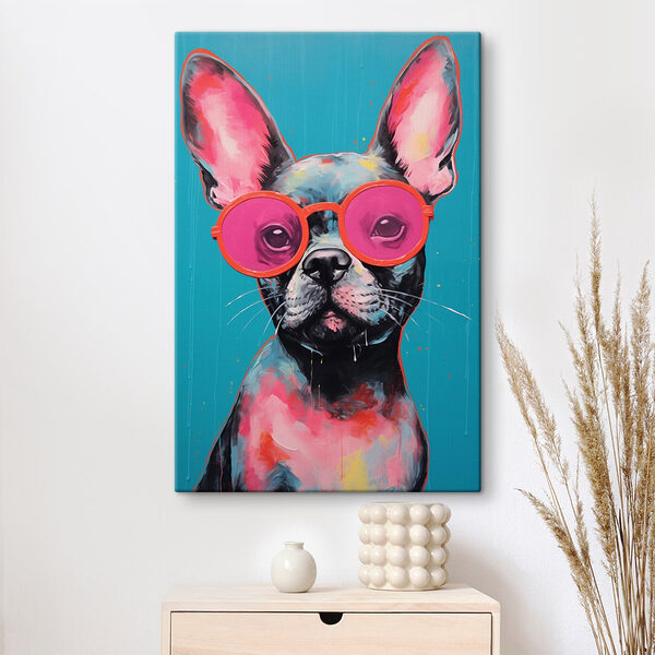 Schilderij van een hond met roze zonnebril Canvas Schilderijen Schilderij van een hond met roze zonnebril