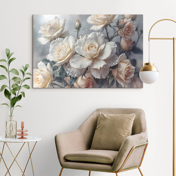 Groep witte rozen met waterdruppels Canvas Schilderijen Groep witte rozen met waterdruppels