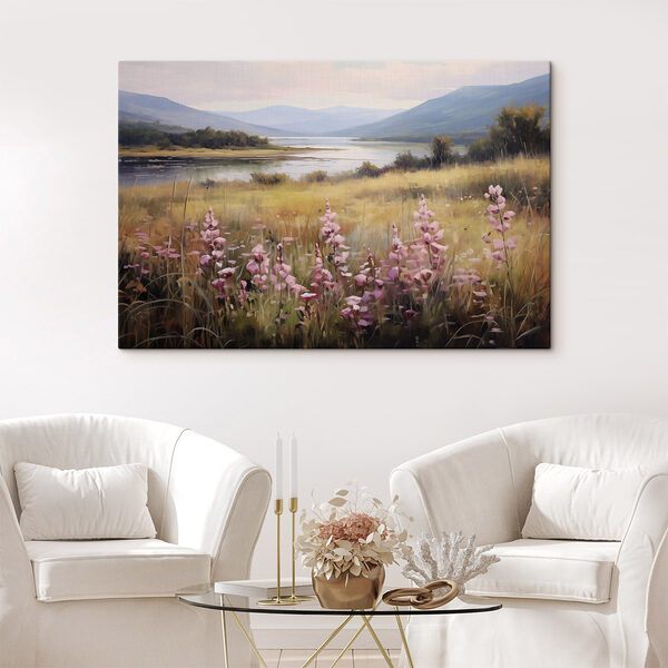 Bloemenveld bij een meer Canvas Schilderijen Bloemenveld bij een meer