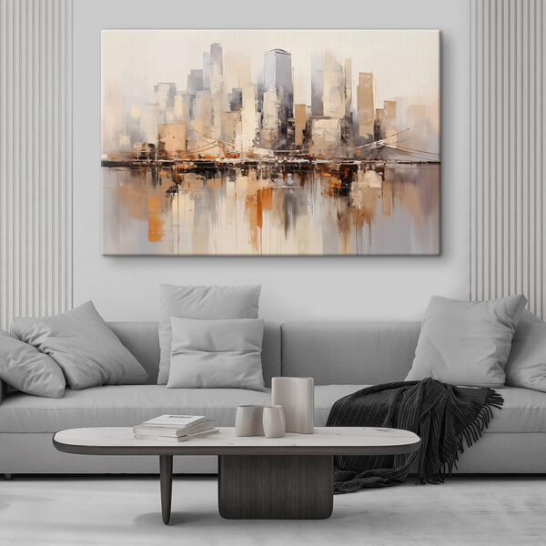 Schilderij van een stad met een brug over water Canvas Schilderijen Schilderij van een stad met een brug over water