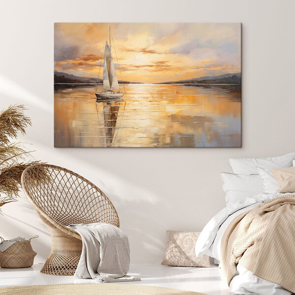 Schilderij van een zeilboot op een rustig meer Canvas Schilderijen Schilderij van een zeilboot op een rustig meer