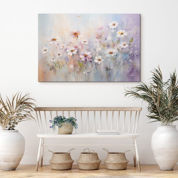 Schilderij van bloemen in een veld Canvas Schilderijen Schilderij van bloemen in een veld