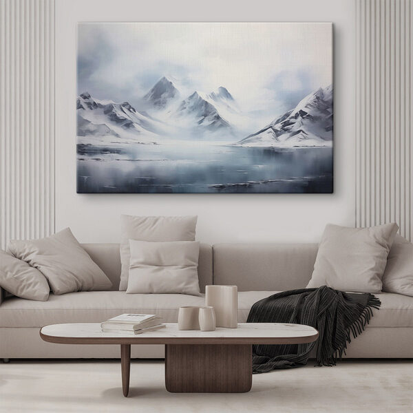 Besneeuwde bergketen en een watermassa Canvas Schilderijen Besneeuwde bergketen en een watermassa