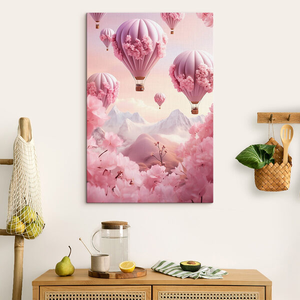 Hete luchtballonnen met kersenbloesems Canvas Schilderijen Hete luchtballonnen met kersenbloesems