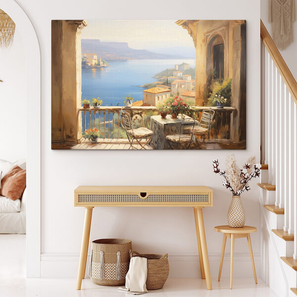 Schilderij van een balkon met uitzicht op het water Canvas Schilderijen Schilderij van een balkon met uitzicht op het water
