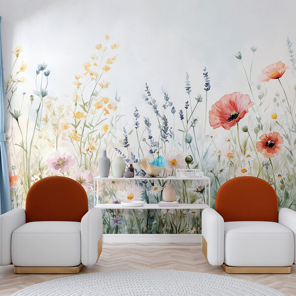 Fotobehang Schilderij van bloemen in een veld