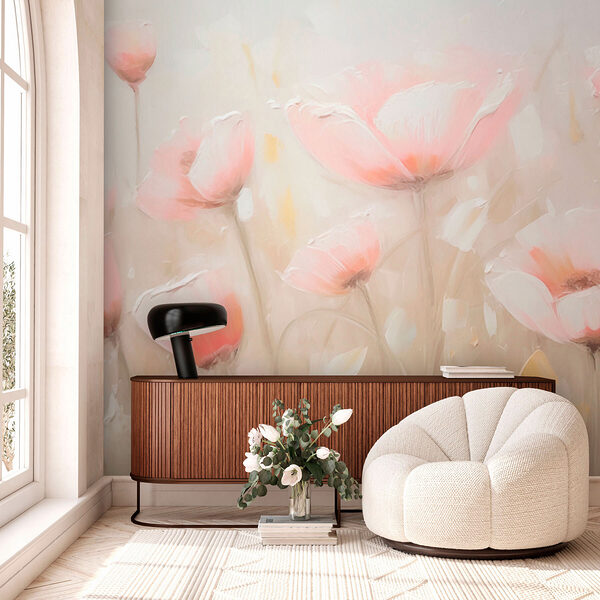 Schilderij van roze bloemen Fotobehang Schilderij van roze bloemen