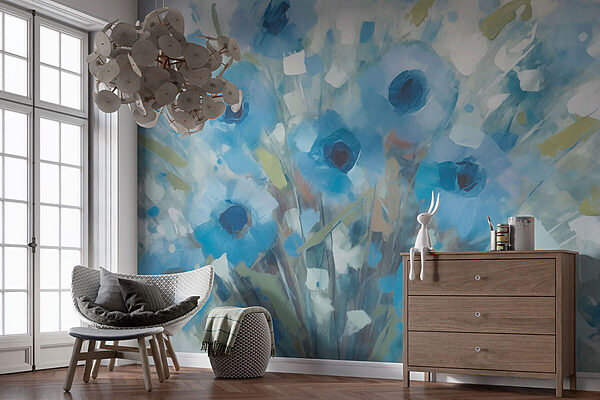 Schilderij van blauwe bloemen Fotobehang Schilderij van blauwe bloemen