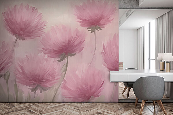 Schilderij van roze bloemen Fotobehang Schilderij van roze bloemen